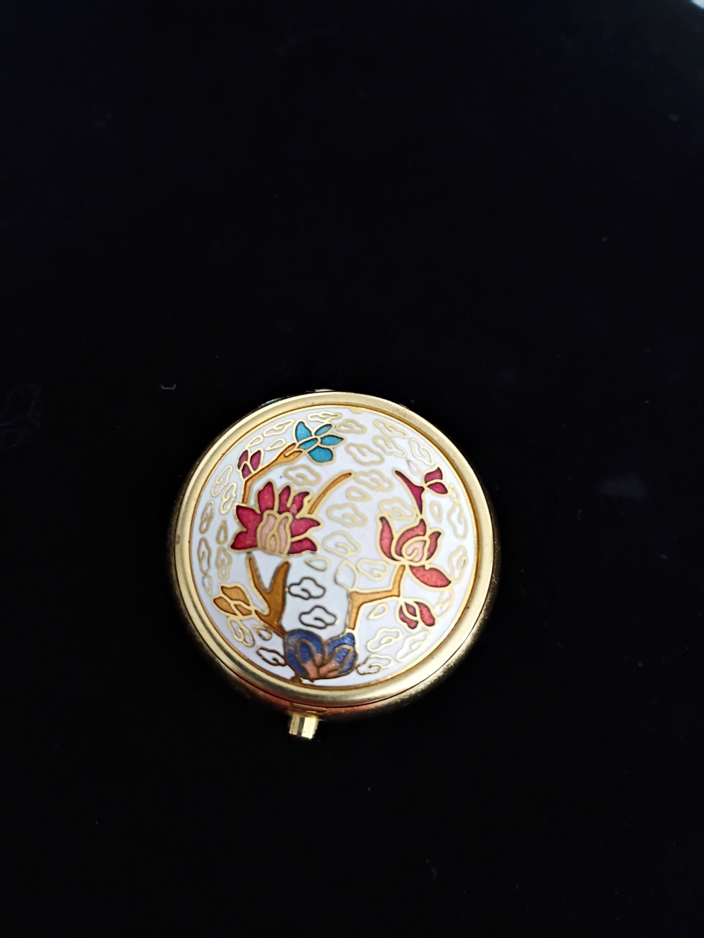 Vintage Cloisonne Floral Enamel Pill Box White and Multicolor